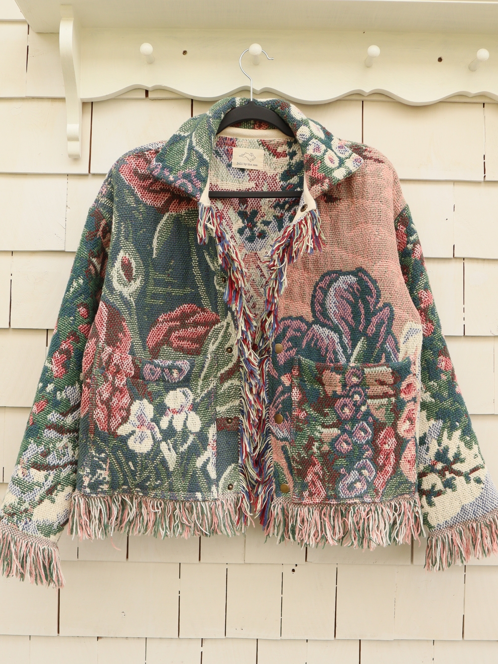 Upcycled Vintage Blanket Jacket With Fringe Garden Flowers Cottagecore - Picture 15 of 16